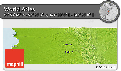 Physical Panoramic Map of the Area around 52° 6' 54" N, 142° 1' 30" E