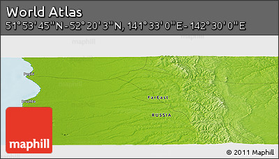Physical Panoramic Map of the Area around 52° 6' 54" N, 142° 1' 30" E
