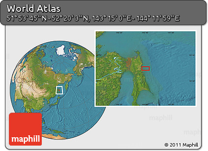 Satellite Location Map of the Area around 52° 6' 54" N, 143° 43' 29" E