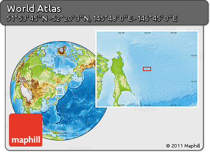 Physical Location Map of the Area around 52° 6' 54" N, 146° 16' 30" E