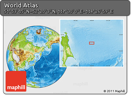 Physical Location Map of the Area around 52° 6' 54" N, 147° 58' 29" E