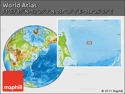 Physical Location Map of the Area around 52° 6' 54" N, 147° 58' 29" E