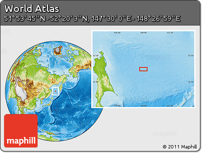 Physical Location Map of the Area around 52° 6' 54" N, 147° 58' 29" E