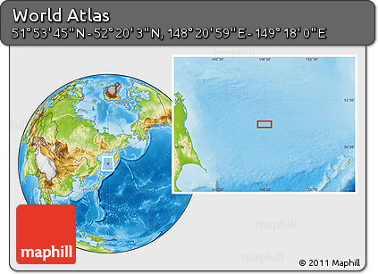Physical Location Map of the Area around 52° 6' 54" N, 148° 49' 29" E