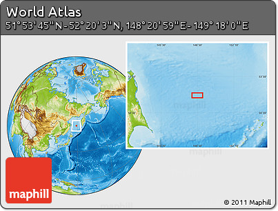 Physical Location Map of the Area around 52° 6' 54" N, 148° 49' 29" E