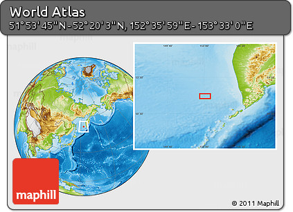 Physical Location Map of the Area around 52° 6' 54" N, 153° 4' 29" E