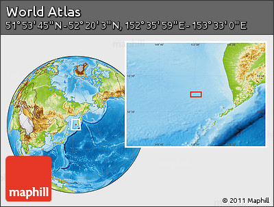 Physical Location Map of the Area around 52° 6' 54" N, 153° 4' 29" E