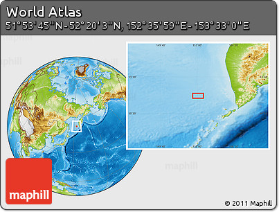 Physical Location Map of the Area around 52° 6' 54" N, 153° 4' 29" E