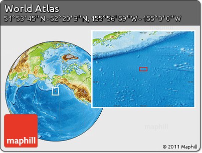 Physical Location Map of the Area around 52° 6' 54" N, 155° 28' 29" W