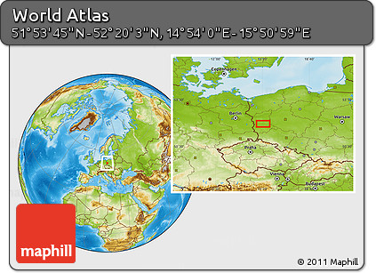 Physical Location Map of the Area around 52° 6' 54" N, 15° 22' 30" E