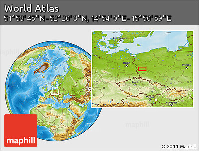 Physical Location Map of the Area around 52° 6' 54" N, 15° 22' 30" E