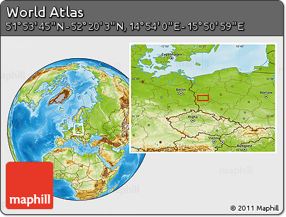 Physical Location Map of the Area around 52° 6' 54" N, 15° 22' 30" E