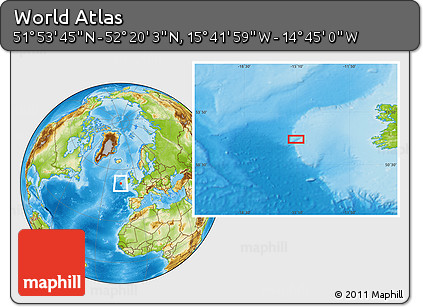 Physical Location Map of the Area around 52° 6' 54" N, 15° 13' 29" W