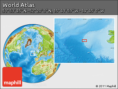 Physical Location Map of the Area around 52° 6' 54" N, 15° 13' 29" W