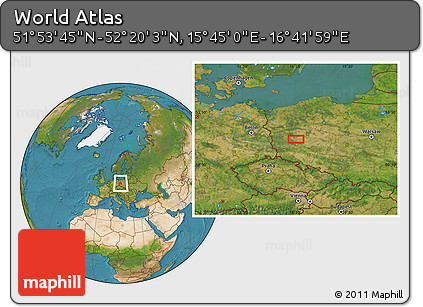 Satellite Location Map of the Area around 52° 6' 54" N, 16° 13' 30" E