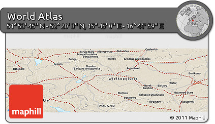 Shaded Relief Panoramic Map of the Area around 52° 6' 54" N, 16° 13' 30" E