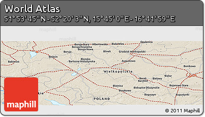 Shaded Relief Panoramic Map of the Area around 52° 6' 54" N, 16° 13' 30" E