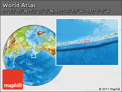 Physical Location Map of the Area around 52° 6' 54" N, 172° 28' 29" W