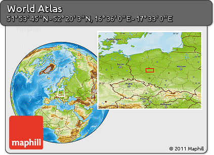 Physical Location Map of the Area around 52° 6' 54" N, 17° 4' 30" E