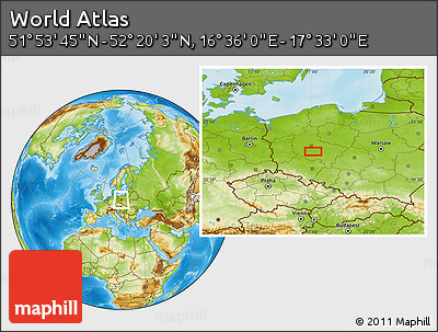 Physical Location Map of the Area around 52° 6' 54" N, 17° 4' 30" E