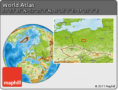 Physical Location Map of the Area around 52° 6' 54" N, 17° 4' 30" E