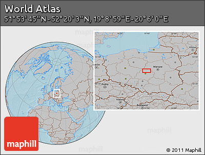 Gray Location Map of the Area around 52° 6' 54" N, 19° 37' 30" E, hill shading