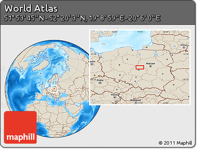 Shaded Relief Location Map of the Area around 52° 6' 54" N, 19° 37' 30" E