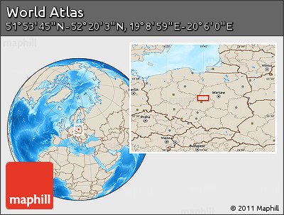 Shaded Relief Location Map of the Area around 52° 6' 54" N, 19° 37' 30" E