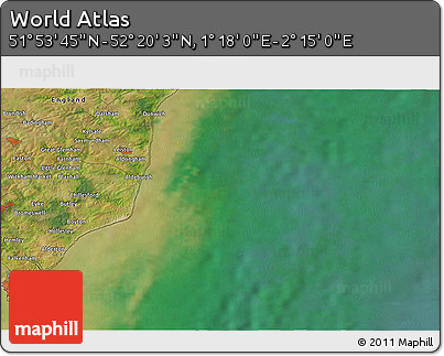 Satellite 3D Map of the Area around 52° 6' 54" N, 1° 46' 29" E