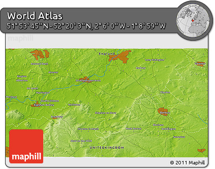 Physical 3D Map of the Area around 52° 6' 54" N, 1° 37' 30" W
