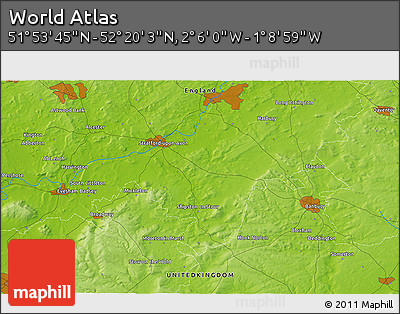 Physical 3D Map of the Area around 52° 6' 54" N, 1° 37' 30" W