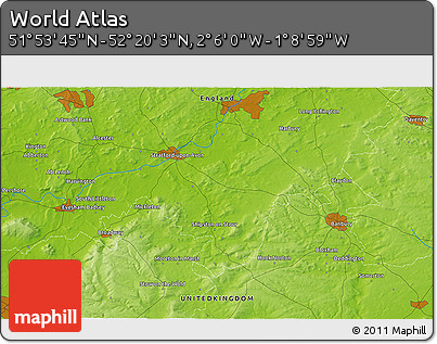 Physical 3D Map of the Area around 52° 6' 54" N, 1° 37' 30" W