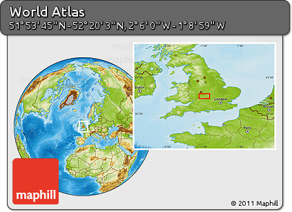 Physical Location Map of the Area around 52° 6' 54" N, 1° 37' 30" W