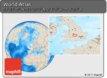 Shaded Relief Location Map of the Area around 52° 6' 54" N, 1° 37' 30" W