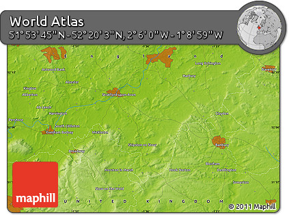 Physical Map of the Area around 52° 6' 54" N, 1° 37' 30" W
