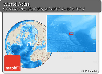 Shaded Relief Location Map of the Area around 52° 6' 54" N, 20° 19' 30" W