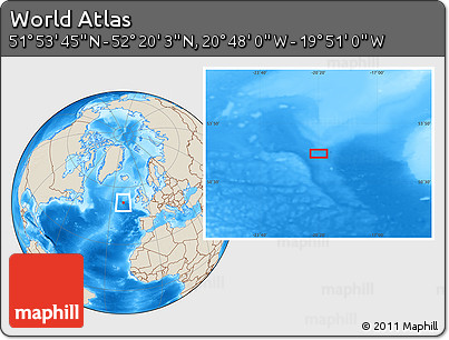 Shaded Relief Location Map of the Area around 52° 6' 54" N, 20° 19' 30" W