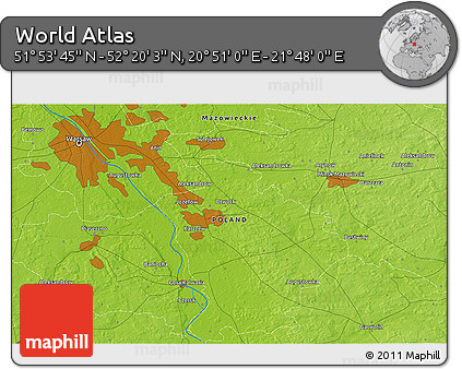 Physical 3D Map of the Area around 52° 6' 54" N, 21° 19' 30" E