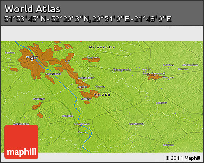 Physical 3D Map of the Area around 52° 6' 54" N, 21° 19' 30" E
