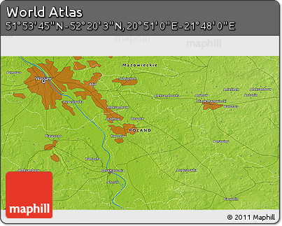 Physical 3D Map of the Area around 52° 6' 54" N, 21° 19' 30" E
