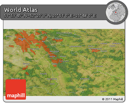 Satellite 3D Map of the Area around 52° 6' 54" N, 21° 19' 30" E