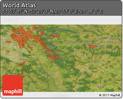 Satellite 3D Map of the Area around 52° 6' 54" N, 21° 19' 30" E