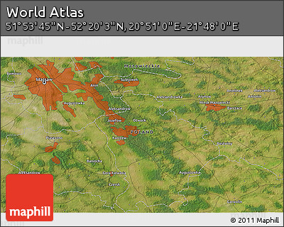 Satellite 3D Map of the Area around 52° 6' 54" N, 21° 19' 30" E