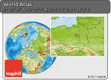 Physical Location Map of the Area around 52° 6' 54" N, 21° 19' 30" E