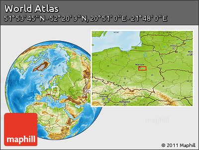 Physical Location Map of the Area around 52° 6' 54" N, 21° 19' 30" E