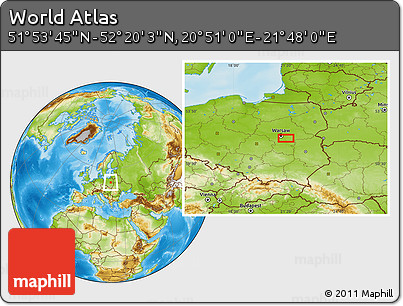 Physical Location Map of the Area around 52° 6' 54" N, 21° 19' 30" E