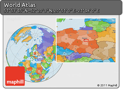 Political Location Map of the Area around 52° 6' 54" N, 21° 19' 30" E