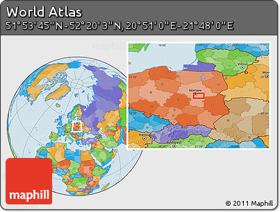 Political Location Map of the Area around 52° 6' 54" N, 21° 19' 30" E