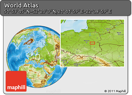 Physical Location Map of the Area around 52° 6' 54" N, 22° 10' 29" E