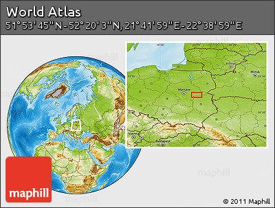 Physical Location Map of the Area around 52° 6' 54" N, 22° 10' 29" E